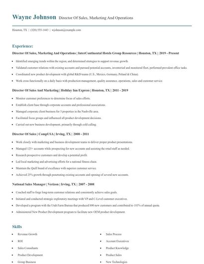 Director Of Sales, Marketing And Operations Resume