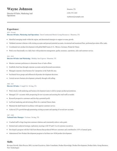 Director Of Sales, Marketing And Operations Resume