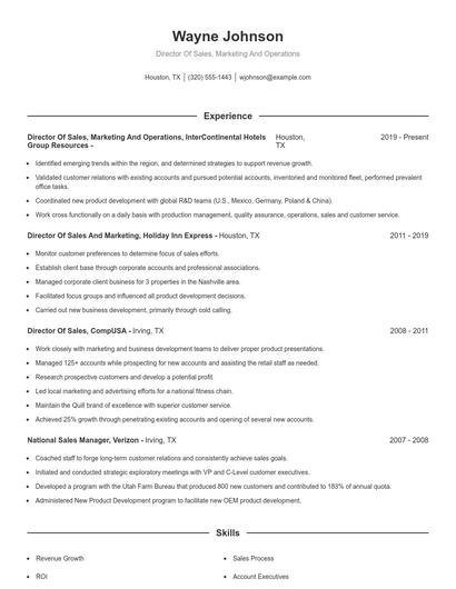 Director Of Sales, Marketing And Operations Resume