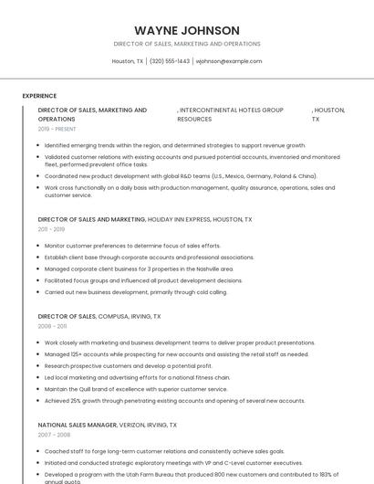 Director Of Sales, Marketing And Operations Resume