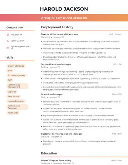 Director Of Service And Operations Resume