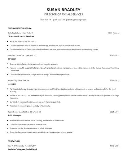 Director Of Social Services Resume