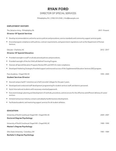 Director Of Special Services Resume