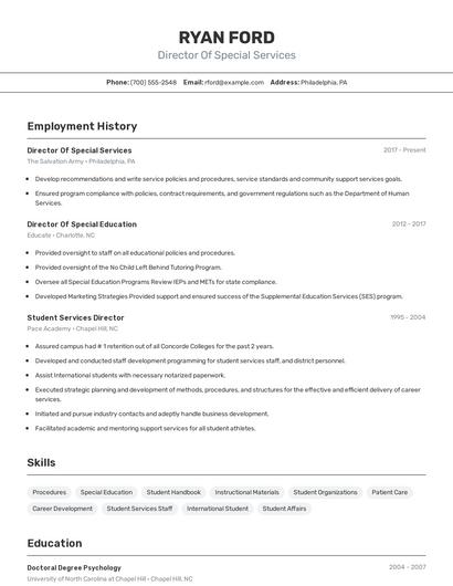 Director Of Special Services Resume
