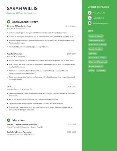 Director Of Special Services Resume