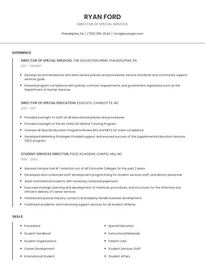Director Of Special Services Resume
