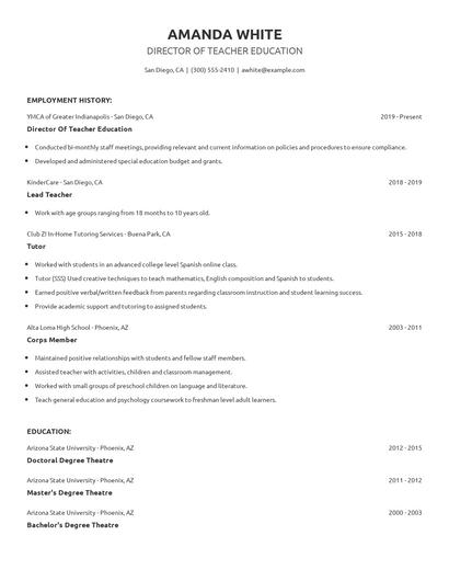Director Of Teacher Education Resume