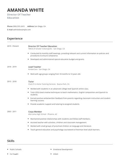 Director Of Teacher Education Resume