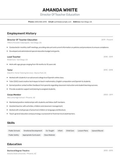 Director Of Teacher Education Resume