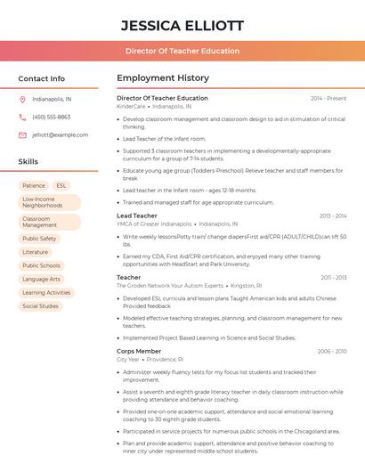 Director Of Teacher Education Resume