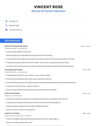 Director Of Teacher Education Resume