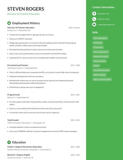 Director Of Teacher Education Resume