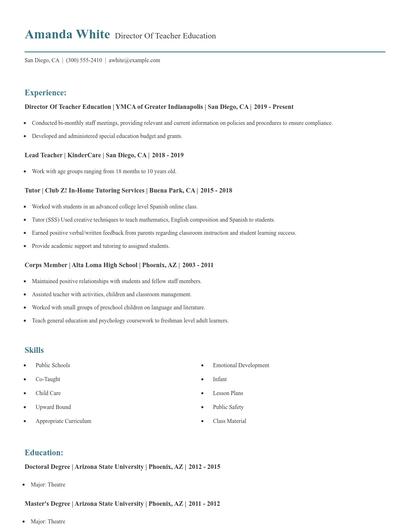 Director Of Teacher Education Resume