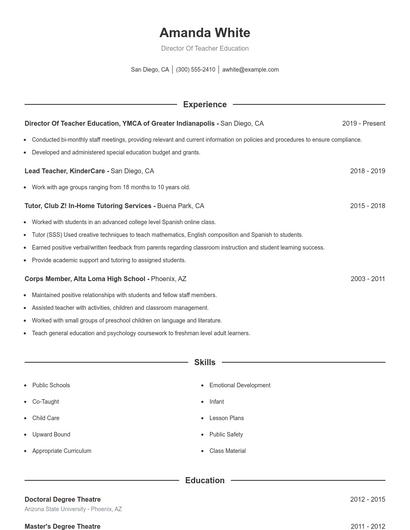 Director Of Teacher Education Resume