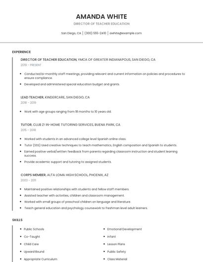 Director Of Teacher Education Resume