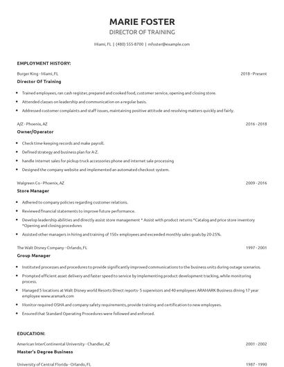 Director Of Training Resume