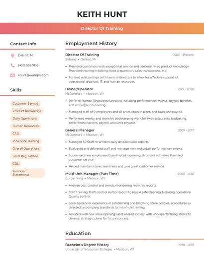 Director Of Training Resume