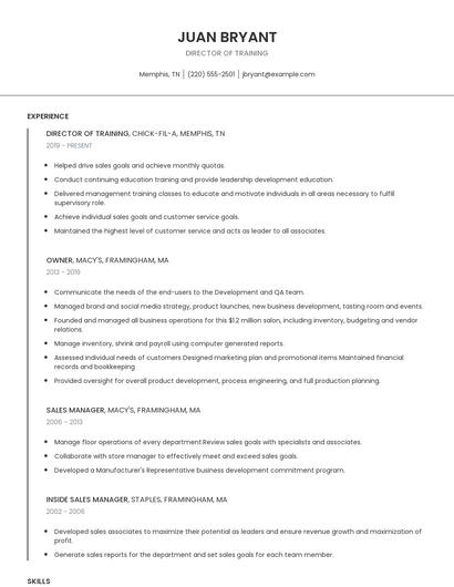 Director Of Training Resume
