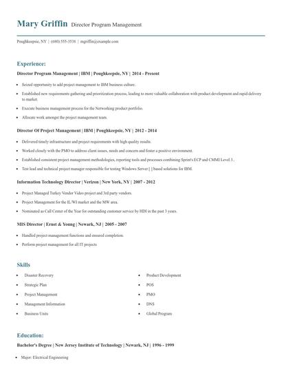 Director Program Management Resume