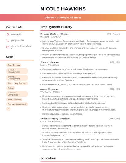 Director, Strategic Alliances Resume