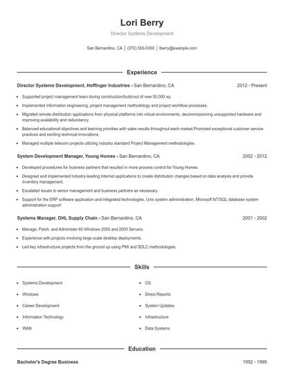 Director Systems Development Resume