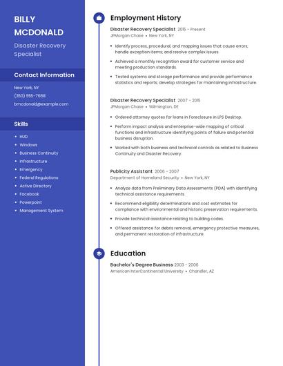 Disaster Recovery Specialist Resume