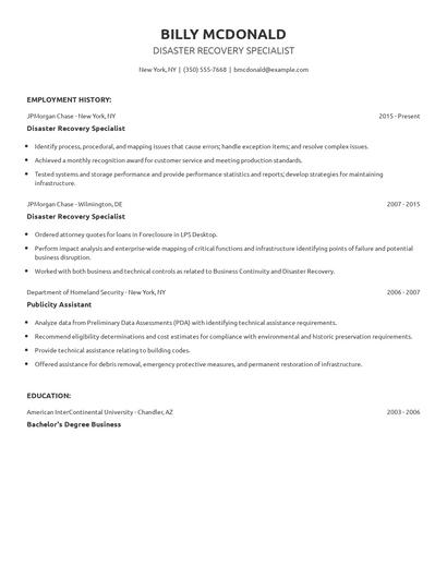 Disaster Recovery Specialist Resume