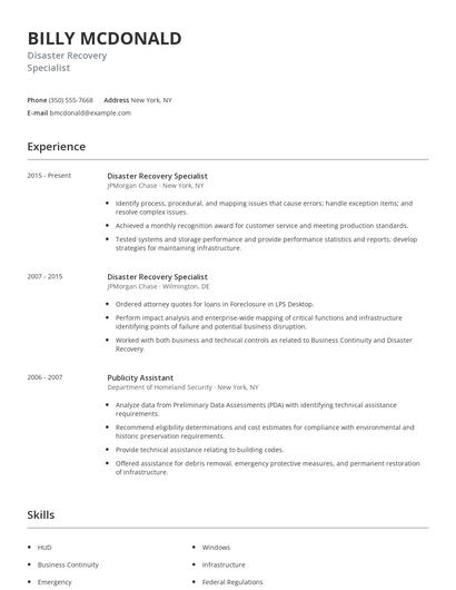 Disaster Recovery Specialist Resume