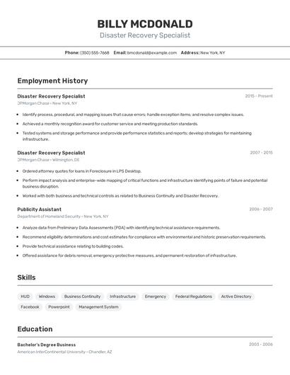Disaster Recovery Specialist Resume
