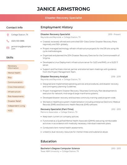 Disaster Recovery Specialist Resume