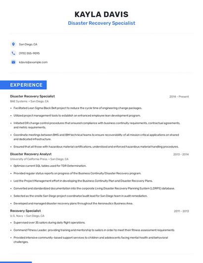 Disaster Recovery Specialist Resume