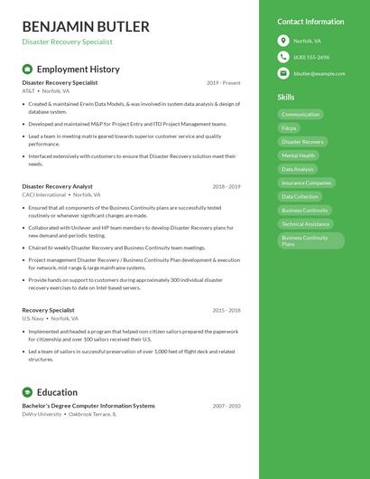 Disaster Recovery Specialist Resume