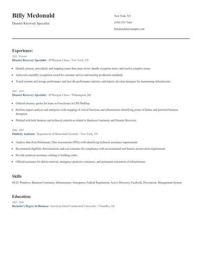 Disaster Recovery Specialist Resume