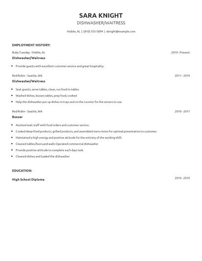 Dishwasher/Waitress Resume