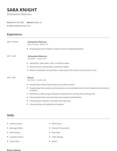 Dishwasher/Waitress Resume