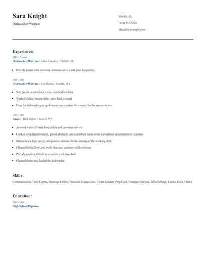 Dishwasher/Waitress Resume