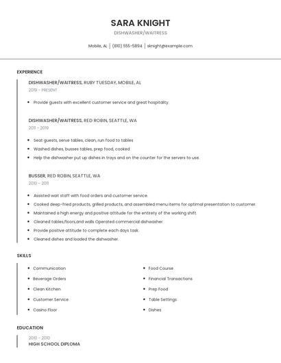 Dishwasher/Waitress Resume