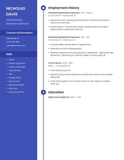 Dishwashing Machine Operator Resume
