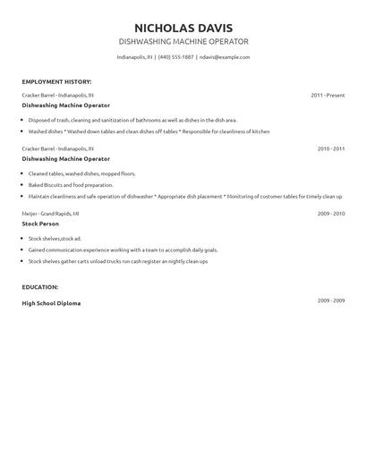 Dishwashing Machine Operator Resume