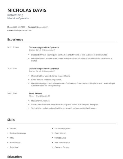 Dishwashing Machine Operator Resume