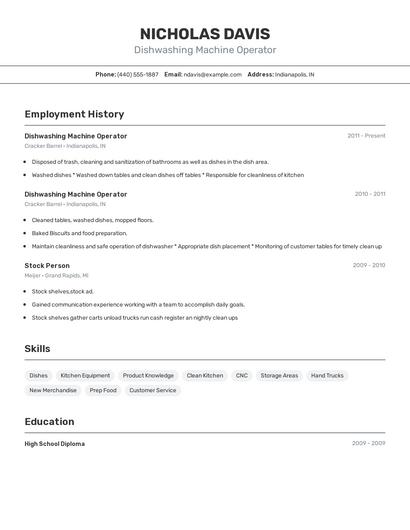Dishwashing Machine Operator Resume