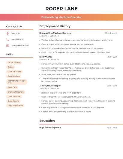 Dishwashing Machine Operator Resume