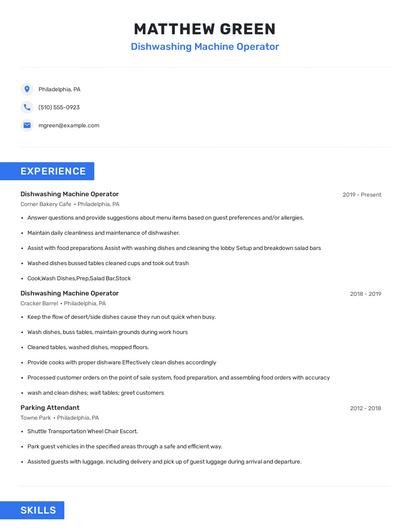 Dishwashing Machine Operator Resume