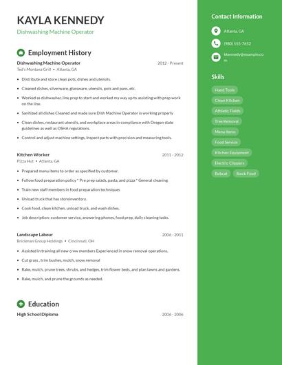 Dishwashing Machine Operator Resume