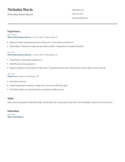 Dishwashing Machine Operator Resume