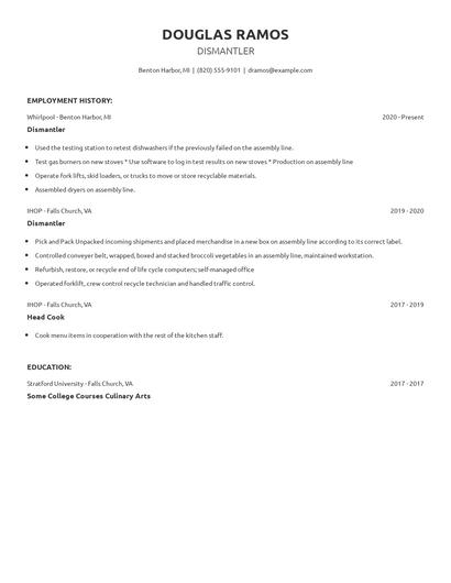 Dismantler Resume