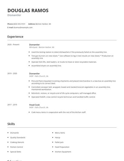 Dismantler Resume