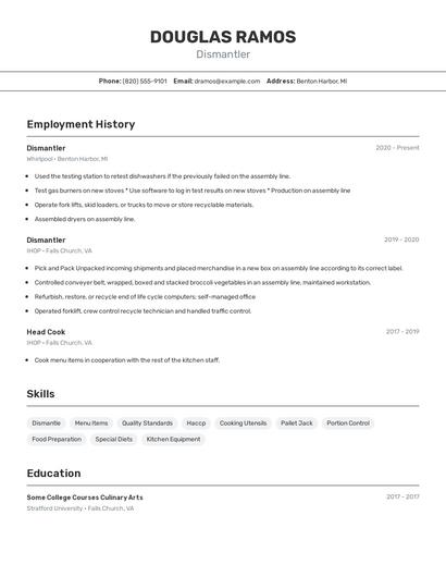 Dismantler Resume