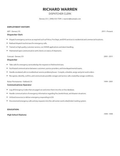Dispatcher Clerk Resume