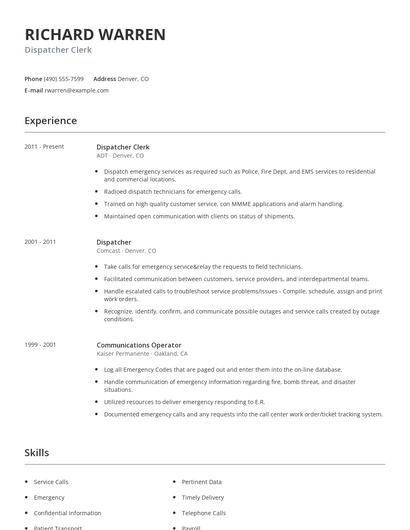 Dispatcher Clerk Resume